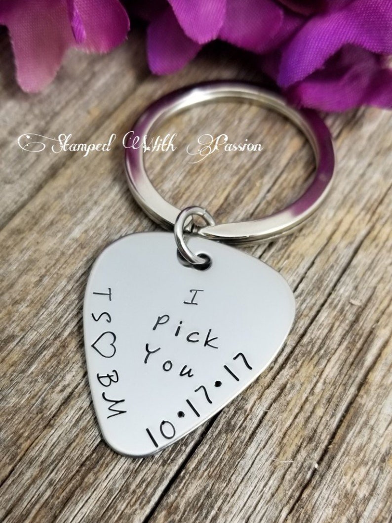 Custom Guitar Pick KeyChain Personalized Stainless Steel Hand Stamped Guitar Pick Men's Gift 11th  Anniversary - Gift for him - I pick you 
