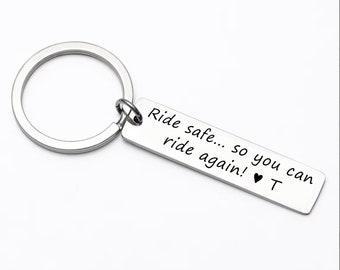 Ride Safe Keychain - Gift for biker, Stainless steel laser engraved keychain with initials
