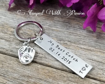 My Best Catch Mitt Keychain, Hand Stamped Custom Keychain, Gift for Husband, Gift for Boyfriend, Anniversary Gift,  Baseball keychain