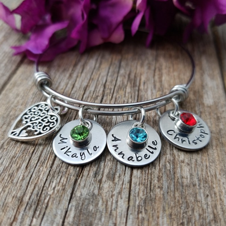 Gift for Mom, Mother's Personalized Bracelet with kids names, Personalized Bangle Bracelet with charms, Christmas Gift image 5