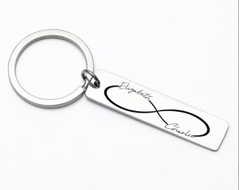 Anniversary Keychain - Gift for him or her, Stainless steel keychain laser engraved with couple name and infinity sign.