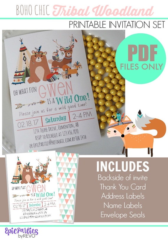 Tribal Woodland Printable Invitation | GIRLS | Tribal Birthday | Woodland Birthday |Woodland Invitation Woodland Animal Epic Parties by REVO Il_570xn