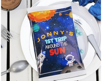 Outer Space Custom Chip Bags for Astronaut Birthday Chip Bag Editable Download Outer Space Custom Chip Bag First Trip Around the Sun
