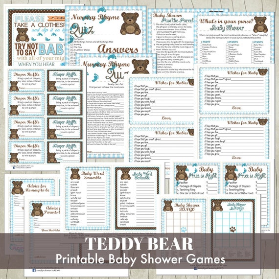 Teddy Bear Printable Baby Shower Games | Blue & Brown | DIY Printable