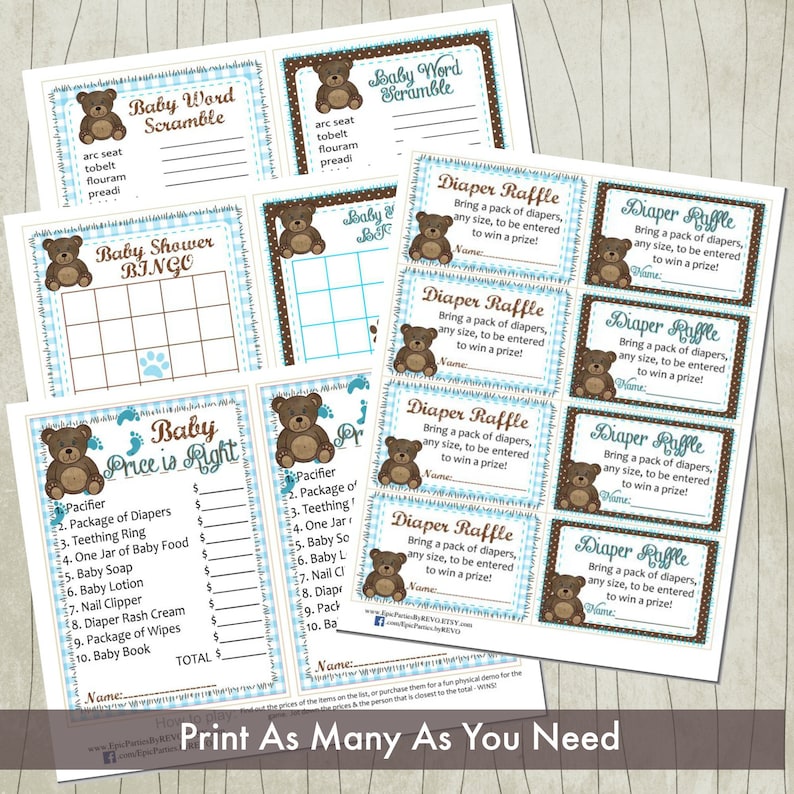 Teddy Bear Printable Baby Shower Games Blue & Brown DIY - Etsy