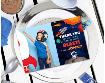 Outer Space Thank You Card Editable Space Birthday Thank You with photo First Trip Around the Sun Thank You Galaxy First Birthday Card