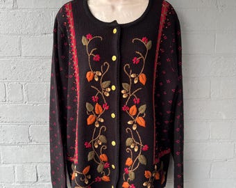 Vintage 1990's Black Autumnal Floral Knit Cardigan Sz 20