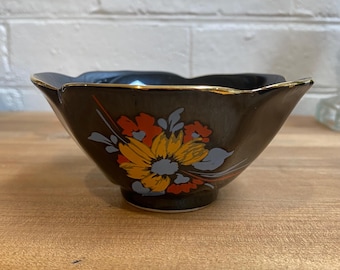 Vintage Yamaji Japan Black Floral Ceramic Small Bowl Trinket Dish