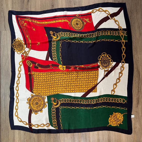 Vintage Kent of Melbourne 100% Silk Scarf - Equestrian Chain Pattern | Large Square Scarf 105cm x 110cm
