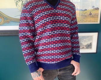 Jersey de lana de punto para hombre, estilo vintage de los años 80/90, color azul marino y rojo con estampado geométrico, talla L / Hecho en Australia