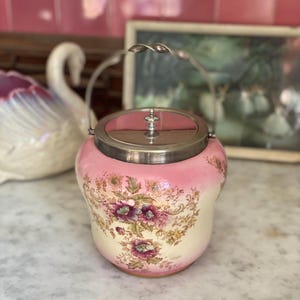 Antique S.P & Co. England "Chester" Pink Floral Ceramic and Silver Biscuit Jar