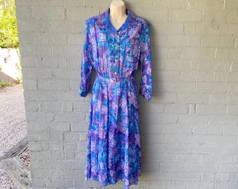 Vestido vintage Ken Shaw de los años 80 con estampado geométrico morado y azul, talla M
