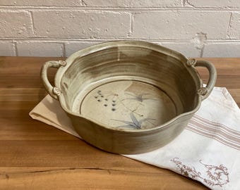 Vintage Studio Pottery Handmade Handled Serving Bowl Signed by Artist