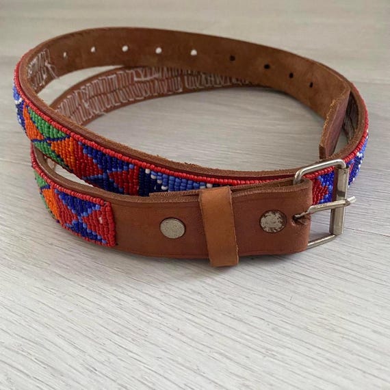 Vintage 90\'s South Western Beaded Brown Leather Belt 37.5\