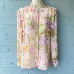Vintage 1990’s Sheer Pastel Floral & Stripe Blouse Made in Australia Size AU12