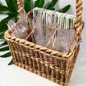 Vintage Cutlery Caddy | Seagrass Wrapped Cutlery Basket | Cutlery Organizer | Picnic Basket | Condiment Basket | Beach Seaside Decor