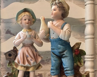Vintage Homco #8880 Boy and Girl Statues | Farmer Boy with Chicken | Country Girl with Birds | Painted Ceramic Bisque Figurines by Homco
