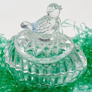 Sweet Pressed Glass Easter Egg Dish Topped with a Bird | Hofbauer Easter Decor | Egg with Bird Trinket Dish | Easter Candy Dish Bowl Lid