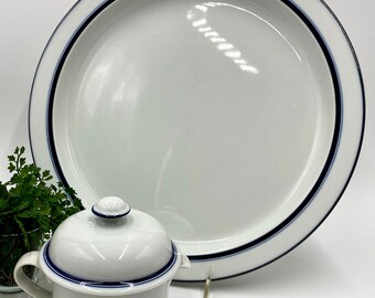 Collectible Vintage Dansk Bistro Christianshavn Round Platter Tray and Creamer | Blue and White Dinnerware | Classic Dansk Serving Pieces