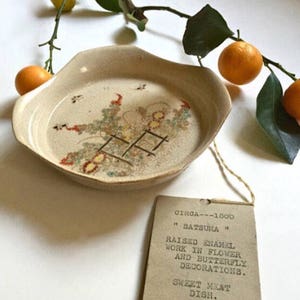Lovely Antique Satsuma Bowl Dish | Raised Enamel Floral and Butterfly Design | Trinket Dish | Jewelry Dish | Ring Dish | Circa 1800