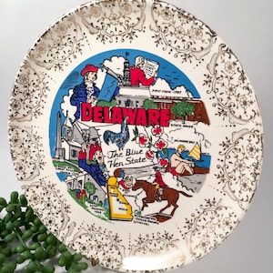 Vintage Porcelain Souvenir Plate | Delaware | The Blue Hen State | Keepsake Plate | Retro America | Wedding or Birthplace Memento