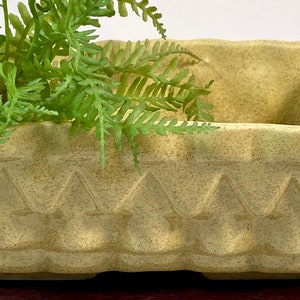 May include: A light green ceramic planter with a geometric design. The planter has a textured surface and is shaped like a rectangle with rounded corners.