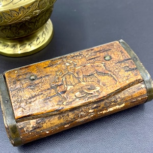 Handsome Antique Snuff Box | Pressed Wood Snuff Box with Hinged Lid and Striker | Deer on Lid | Metal Banding | Handmade Folk Art Snuff Box