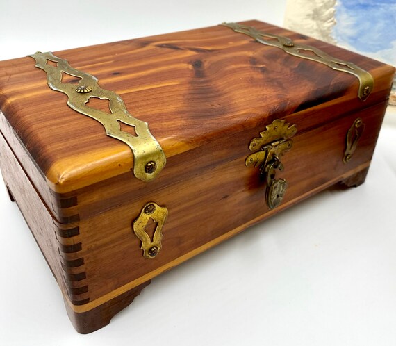 Vintage Cedar Storage Boxes | Cedar Box With Brass Straps and Lock
