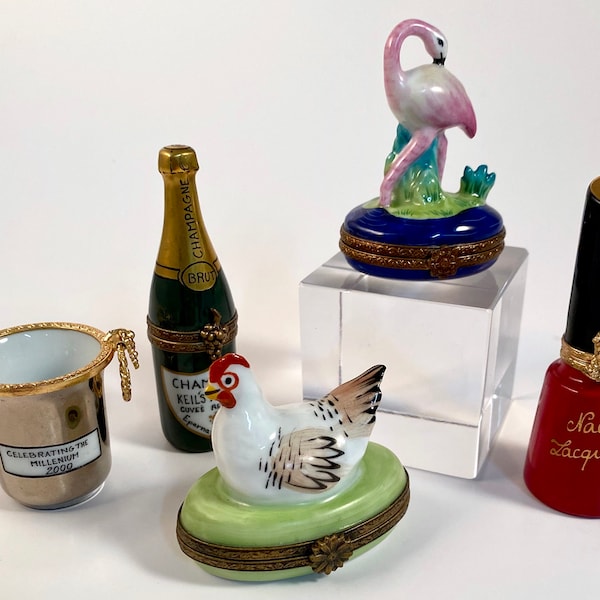 French Limoges Keepsake Boxes | Painted Porcelain Hinged Boxes | Peint Main | Marque Deposee | Nail Polish | Champagne | Flamingo | Hen