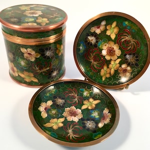 Vintage Chinese Cloisonné Copper Metal Keepsake Trinket Box Jar and Small Trinket Dishes | Enameled Floral Design | Chinese Decorative Arts