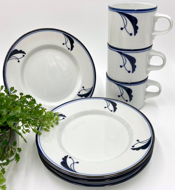 Vintage Dansk Flora Bayberry Cups and Plates Blue White Dinnerware Made in Japan Coffee Cups Bread and Butter Salad Plates Saucer Etsy