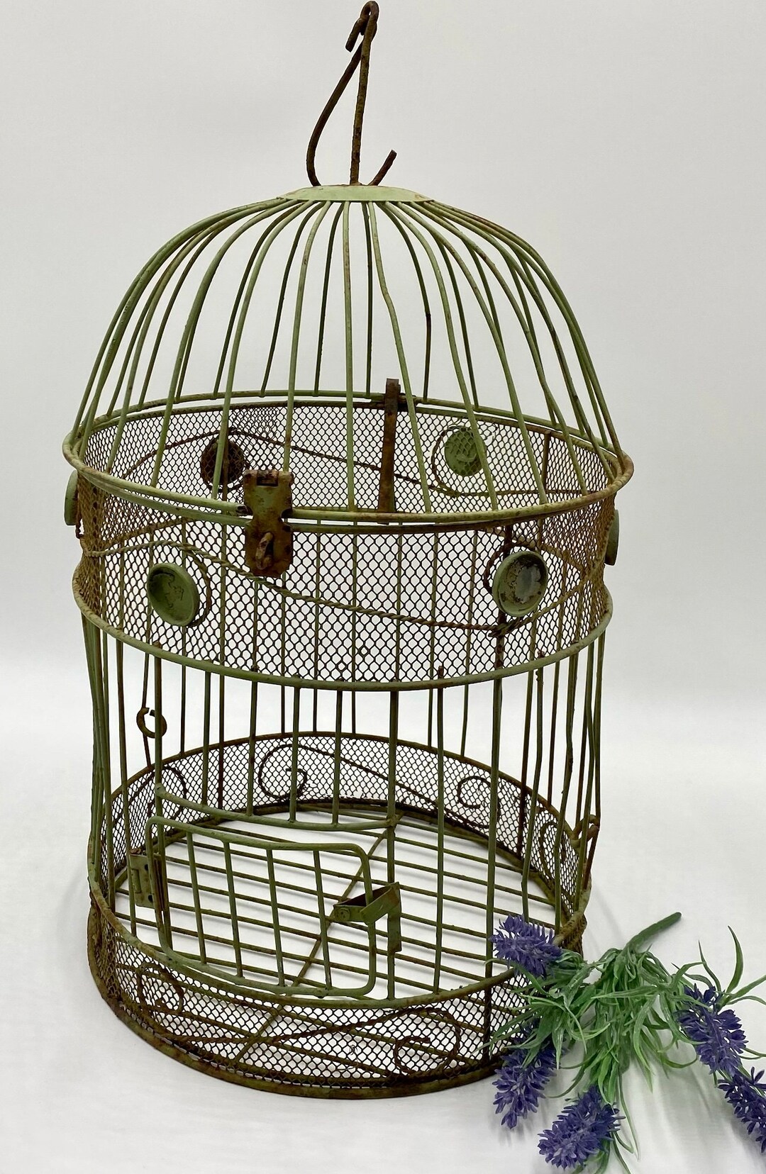 Vintage Bird Cage Green Wire and Metal Mesh Bird Cage Cottage Chic Decorative Birdcage Home