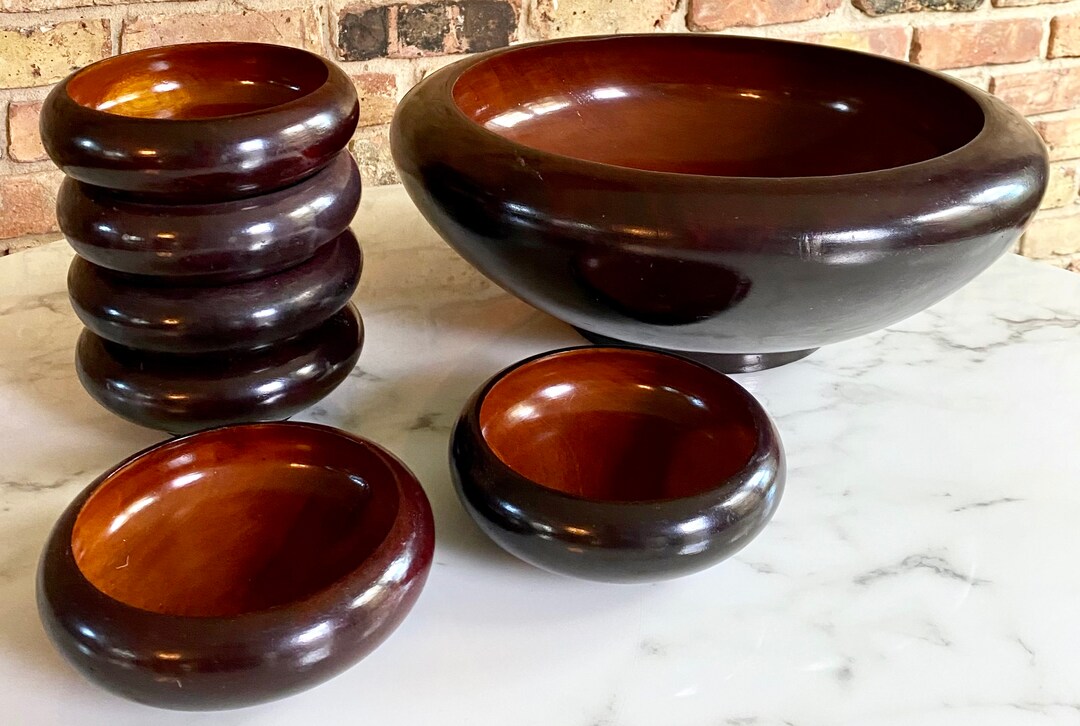 Vintage MCM Solid Wood Salad Set Extralarge Wooden Salad Bowl Six