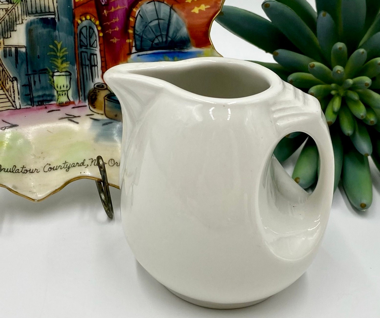 Hall Pottery Vintage Olive Green & White Creamer Pitcher Made in