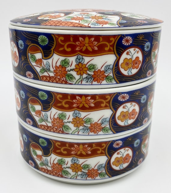 Charming Vintage Ceramic Porcelain Stacking Box Set Collectible OMC  Japanese Round Tiered Box Stackable Box Bento Box Imari Design 