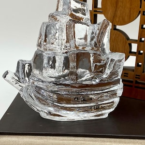 Vintage Pukeberg Glass Sailing Ship | Swedish Art Glass | Modernist Minimalist Glass Ship Paperweight | Clear Solid Glass Sculpture