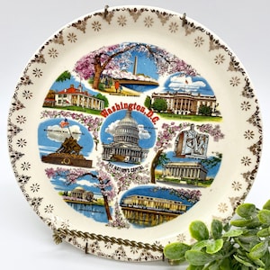 Vintage Porcelain Souvenir Plate | Washington D.C. | The Capitol Building | Washington Monument | Lincoln Memorial | Jefferson Memorial
