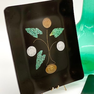 Vintage Couroc Tray | Black Resin Tray | Leaf Design with International Coins | Small Mid Century Modern Tray | Monterey California
