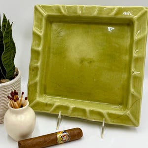 Retro Ceramic Ashtray | Large Square Ashtray with Fluted Rim Edge | Chartreuse Avocado Green | Vintage Smoking | Trinket Dish | Jewelry Dish