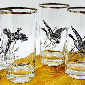 Vintage Mid Century Modern Barware | Tall Highball Glasses | Silver Rim | Canvasback Duck | Ring Necked Pheasant | Canada Goose | Game Birds