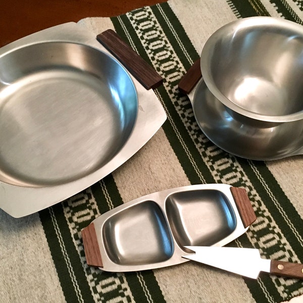 Mid Century Modern Stainless Steel Serving Pieces | Wooden Accents | Party Serving Pieces | Bowl | Divided Dish | Chip & Dip | Cheese Knife