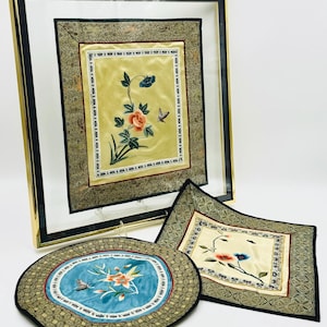 Beautiful Vintage Chinese Silk Fabric Panels with Decorative Needlework | Embroidery Crewel Satin Stitch | Floated Glass Framed Silk Panel