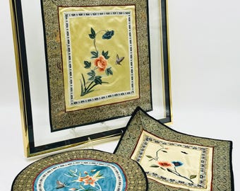 Beautiful Vintage Chinese Silk Fabric Panels with Decorative Needlework | Embroidery Crewel Satin Stitch | Floated Glass Framed Silk Panel