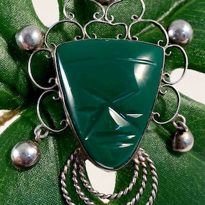 Vintage Aztec Mayan Mexican Tribal Brooch | Green Onyx Stone Set in Sterling Silver | Wearable Tribal Art | Mid Century Modern Jewelry Pin