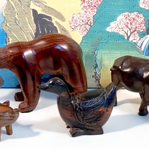Vintage Carved Exotic Wood Animal Statue Figurine Sculpture | Pig | Duck | Bear | Bull Ox | Animal Menagerie | Zodiac | Chinese Calendar