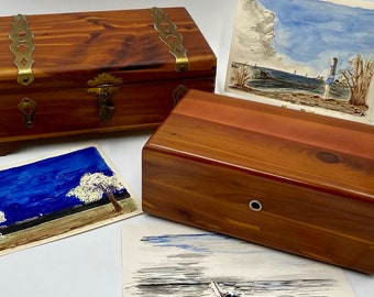 Vintage Cedar Storage Boxes | Cedar Box with Brass Straps and Lock & Key | Lane Furniture Cedar Chest | Hinged Lids | Wooden Dresser Boxes
