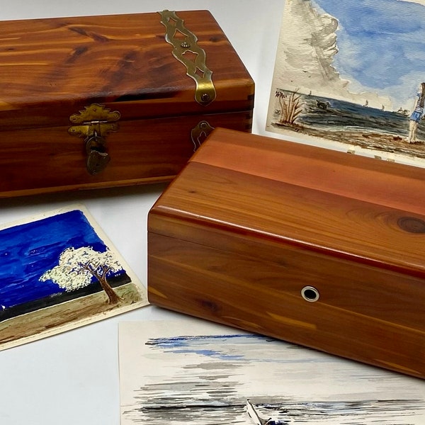 Vintage Cedar Storage Boxes | Cedar Box with Brass Straps and Lock & Key | Lane Furniture Cedar Chest | Hinged Lids | Wooden Dresser Boxes