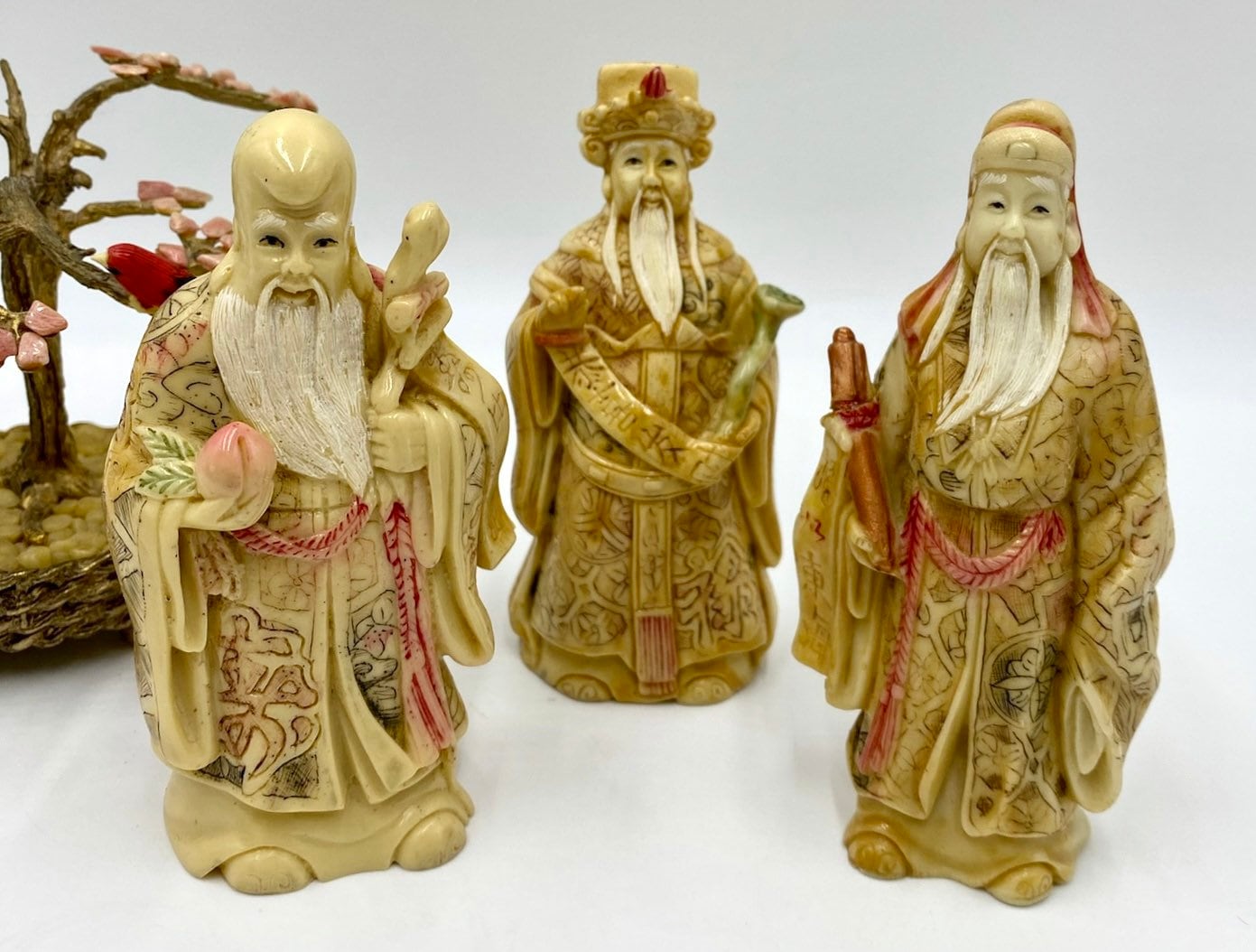 Vintage Carved Resin Chinese Wise Men | Faux Ivory Chinese Import