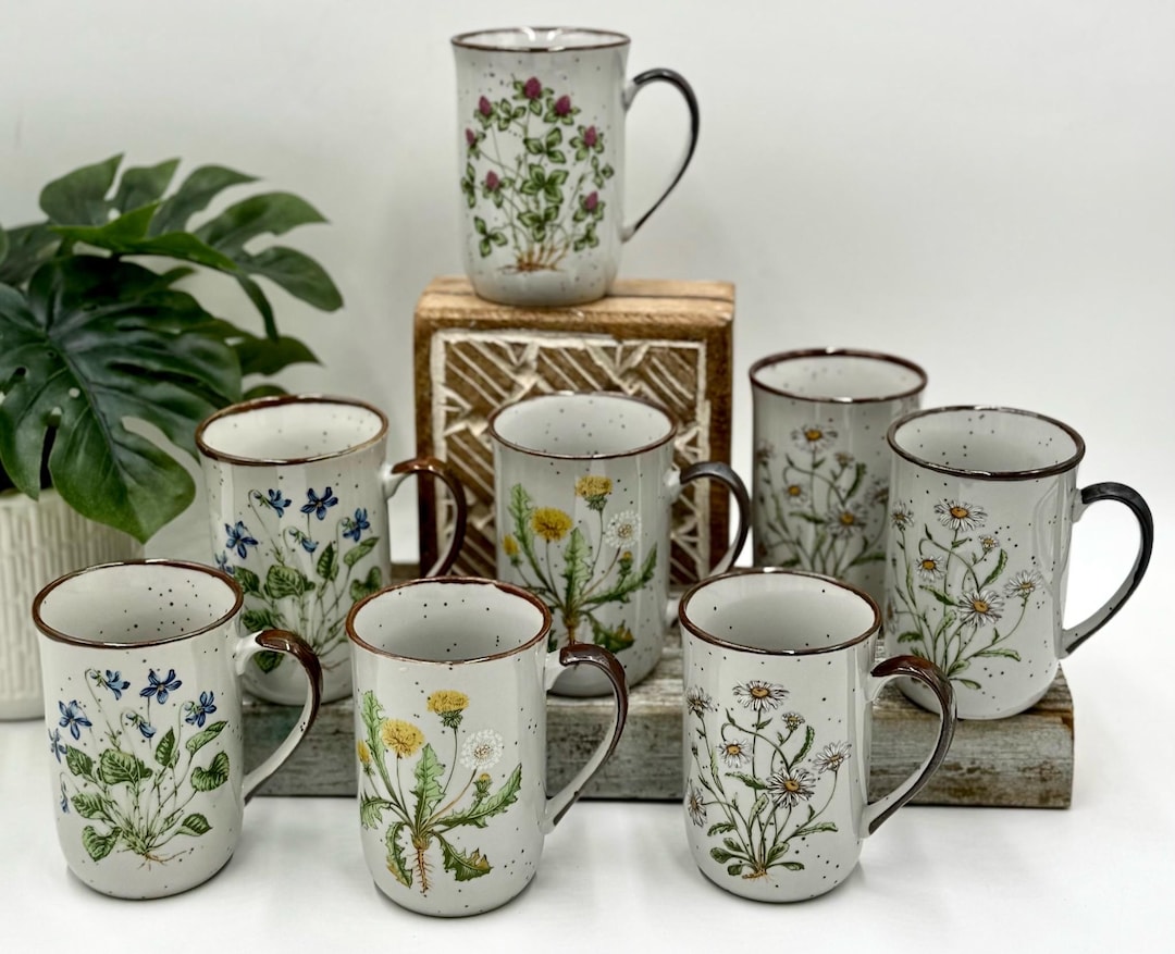 Charming Retro Ceramic Stoneware Mugs With Handles | Botanical ...