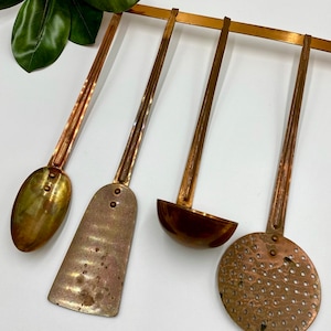 Vintage Solid Copper Serving Utensil Set with Hanging Rack Bar | American Farmhouse | Country French | Luxe Copper Kitchen Decor